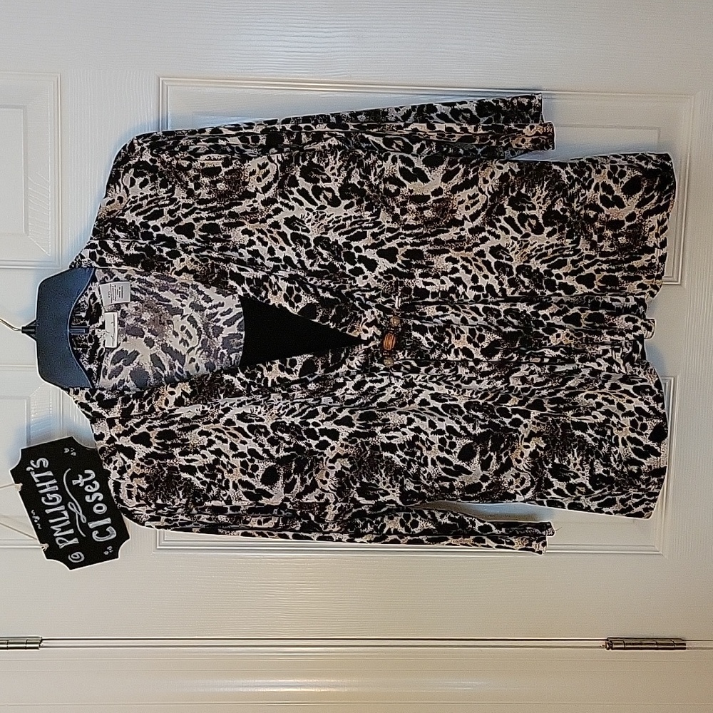 Kim Rogers  XL Petite Blouse Animal Print Black Tan Brown Layered Look